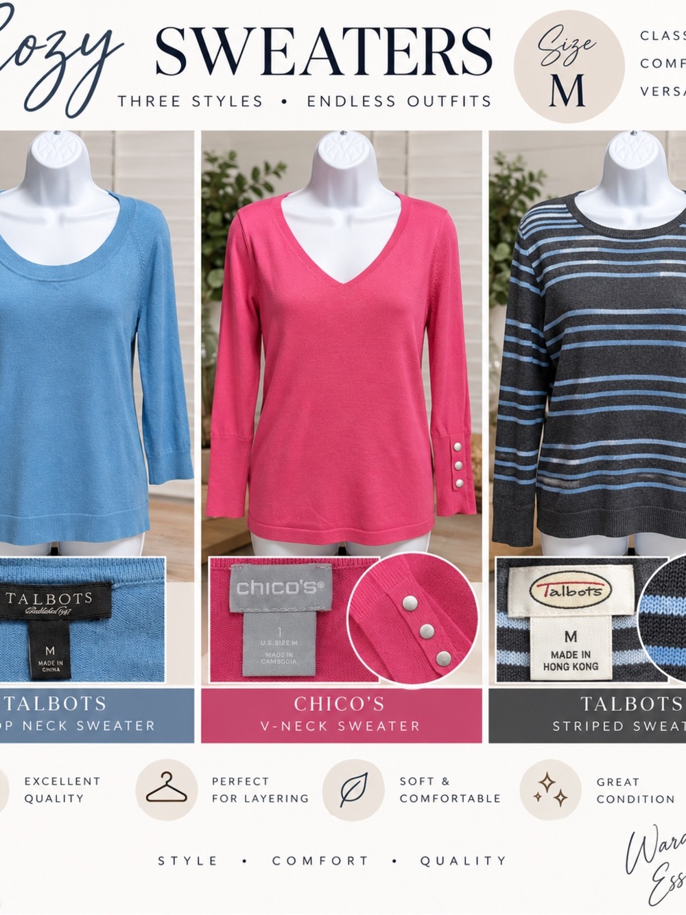 3 SWEATERS – ALL SIZE MEDIUM – TALBOTS & CHICO’S